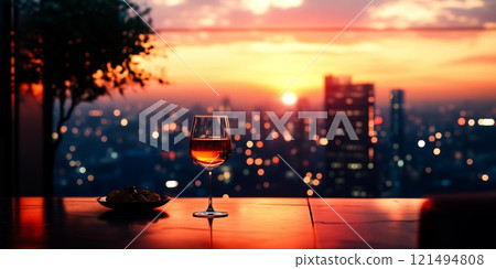 A glass of wine sits on a table overlooking a vibrant cityscape at sunset, with twinkling lights and a fiery sky. 121494808