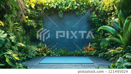 A blue yoga mat rests in a serene outdoor space surrounded by lush tropical greenery and a dark blue wall. 121495024