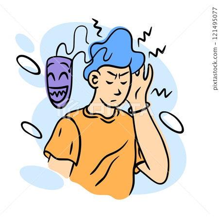 Mental health. Fake mask. Emotion expression disguise. Human psychology problem. Emotional stress. Depression and migraine headache. Liar portrait. Tired person pretends. Bipolar mind. Vector concept 121495077