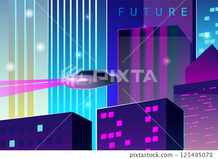 Futuristic city. Night cityscape. Future town. Car fly traffic. Automobile levitation. Downtown skyscrapers. Glowing neon buildings. Urban architecture. Cyberpunk skyline. Vector landscape background 121495078