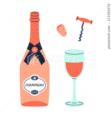 Wine bottle. Glass with beverage, cork and corkscrew. Alcoholic grape drink. New year champagne. Sparkling cheers, party objects, birthday and wedding celebration. Vector cartoon isolated illustration Wine bottle. Glass with beverage, cork and corkscrew. Alcoholic grape drink. New year champagne. Sparkling cheers, party objects, birthday and wedding celebration. Vector cartoon isolated illustration 121495079