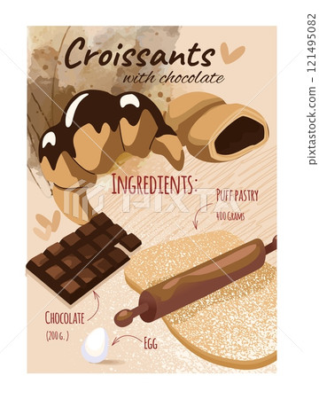 Bakery recipe. Croissant cooking. Dough rolling. Sweet pastry with chocolate. Delicious meal. Products for food preparation. Flour and egg. Baking biscuit. Kitchen manual. Vector culinary instruction 121495082
