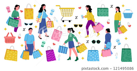 Shop sale. People on shopping pattern, girl with clothes, man with bag. Fashion package, supermarket tag, boutique and market. Abstract advertising for buyer. Vector art garish cartoon flat icons 121495086