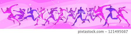 Abstract runner. Run people, group of sports. Character marathon, jogging men and women, successful competition, rapid achievement, dynamic person. Vector line cartoon flat isolated illustration 121495087