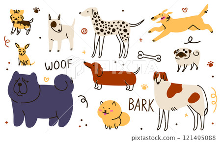 Dog cute. Pet character funny in different active poses. Animal drawing doodle style drawing. Icon pattern cartoon fun. Happy Dalmatian and puppy. Kids background zoo line. Vector baby illustration 121495088