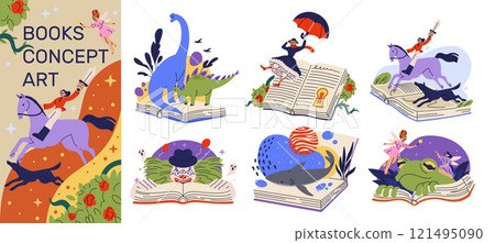 Fantasy book. Open pages with fictional characters. Imagination and reading. Library of adventure, horror and novels. Live animated fiction sheet. Dinosaur and dragon encyclopedia. Vector concepts set 121495090