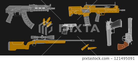 Military arms icon. Danger gun. Arsenal of weapons. equipment. Aiming bullet. War ammunition. Infantry ammo. Handgun and revolver shooting. Game asset. Protection element. Vector tactical firearms set 121495091