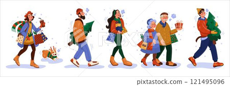 People walk. Winter holiday. Christmas fair. Young woman with festive gift boxes. Happy old couple holding present bags. Man carrying Xmas tree. New Year party celebration. Vector tidy persons set 121495096