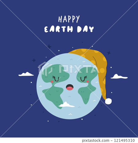 Cute Cartoon Illustration of Sleeping Planet Earth and Text Happy Earth Day. Perfect for Earth Day 121495310