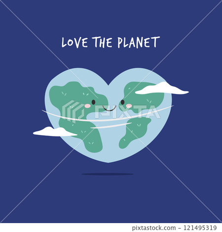 Cute Cartoon Illustration of Planet Earth and Text Love The Planet. Perfect for Earth Day and Climate Awareness 121495319