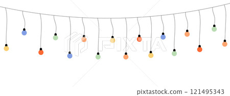 Garland lights on a string. Colorful light bulbs isolated on white background. Christmas, New Year, birthday, wedding or any other celebration decor element. Garland lights on a string. Colorful light bulbs isolated on white background. Christmas, New Year, birthday, wedding or any other celebration decor element. 121495343