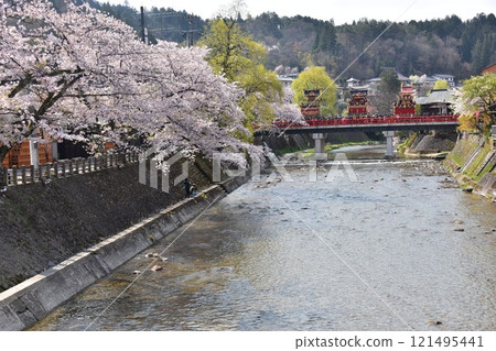 日本岐阜縣高山市,春季高山節,櫻花盛開,中橋上的小吃攤,美麗的新綠,藍天和宮川 日本岐阜縣高山市,春季高山節,櫻花盛開,中橋上的小吃攤,美麗的新綠,藍天和宮川 121495441