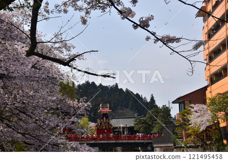 Takayama City, Gifu Prefecture, Japan, Spring Takayama Festival, Beautiful cherry blossom flurries and food stalls crossing Nakabashi Bridge, cherry blossom petals dancing in the wind and nearby houses 121495458
