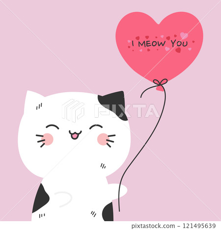 Valentine card with cute black and white cat holding a heart shaped balloon. I meow you. Valentines Day. Vector illustration 121495639