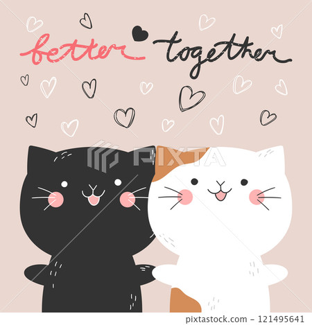 Valentine card with two cute hand drawn cats holding each other paws. Better together. Valentines Day. Vector illustration 121495641
