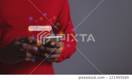 Customer Review, Young Man hand using smartphone mobile with five star to review and give 5 stars 121495680