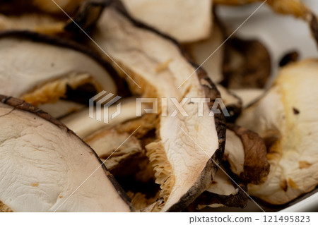 Close up of slices of dried shiitake mushrooms (donko) Close up of slices of dried shiitake mushrooms (donko) 121495823