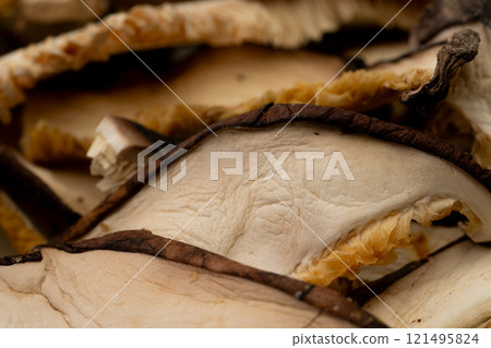 Close up of slices of dried shiitake mushrooms (donko) Close up of slices of dried shiitake mushrooms (donko) 121495824