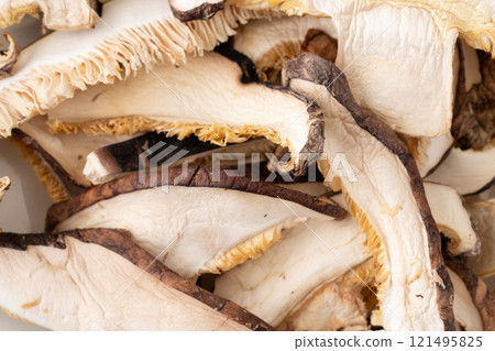 Close up of slices of dried shiitake mushrooms (donko) Close up of slices of dried shiitake mushrooms (donko) 121495825