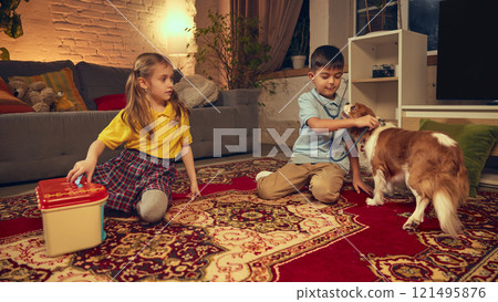 Boy and girl use stethoscopes and other medical instruments to examine their dog while playing on patterned carpet in cozy living room at home 121495876