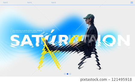 Stylish young man sitting on chair with SATURATION text and abstract distortion, representing bold creativity and modern marketing concepts. Stylish young man sitting on chair with SATURATION text and abstract distortion, representing bold creativity and modern marketing concepts. 121495918