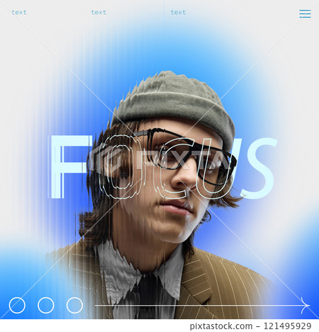 Stylish portrait of young man with bold FOCUS text overlay and gradient background, representing concentration and innovation. Stylish portrait of young man with bold FOCUS text overlay and gradient background, representing concentration and innovation. 121495929