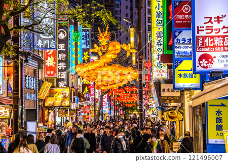 Yokohama cityscape in Japan 2025 Chinese New Year lanterns. View of Chinatown Boulevard and dragons at night, crowded with foreign tourists...towards a new era Yokohama cityscape in Japan 2025 Chinese New Year lanterns. View of Chinatown Boulevard and dragons at night, crowded with foreign tourists...towards a new era 121496007