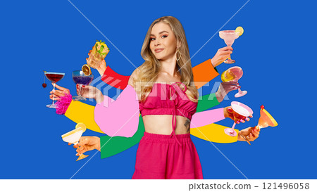 Contemporary art collage. Stylish woman in pink surrounded by colorful arms holding glasses celebrates creativity of modern events. 121496058