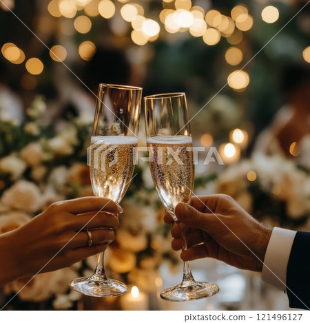 Man and woman holding champagne flutes in warm, softly lit wedding atmosphere with floral centerpiece and candlelight. 121496127