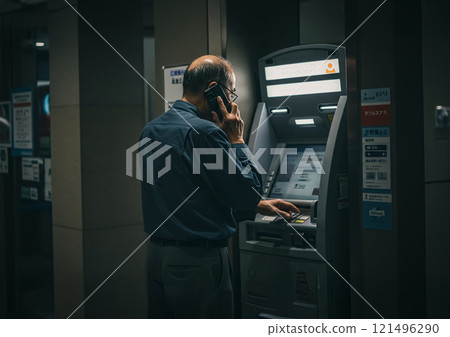 Image of an elderly person being tricked into operating an ATM by a special fraud Image of an elderly person being tricked into operating an ATM by a special fraud 121496290