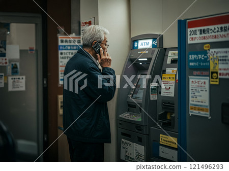 被特殊騙局欺騙後操作ATM的老人的照片 被特殊騙局欺騙後操作ATM的老人的照片 121496293