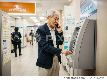 被特殊騙局欺騙後操作ATM的老人的照片 被特殊騙局欺騙後操作ATM的老人的照片 121496294