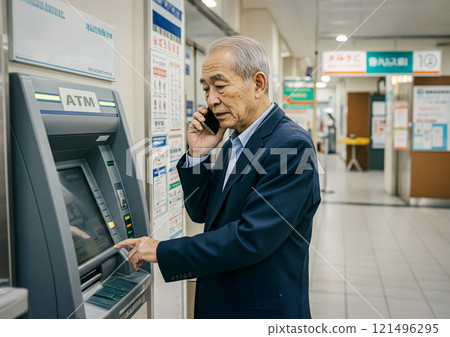 Image of an elderly person being tricked into operating an ATM by a special fraud Image of an elderly person being tricked into operating an ATM by a special fraud 121496295