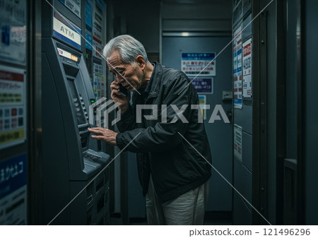被特殊騙局欺騙後操作ATM的老人的照片 121496296