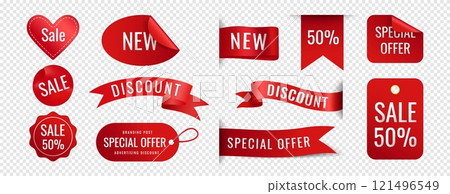 Ribbon tag. 3D Badge, red banner, ribbon offer. Sale icon design, label mockup, store flag sticker. Discount shape, marketing promotion. Realistic isolated shopping silk elements. Vector web flyer 121496549
