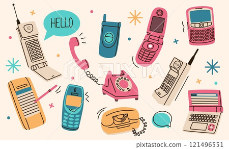 Phone vintage. Abstract doodle smartphone. Cartoon cord cellphone. Call contact. Modern retro style pattern. Wire old telephone. Cable or cellular devices. Mobile calling. Vector classic gadgets set 121496551