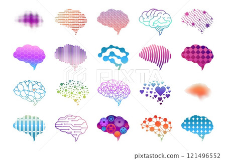 Brain icon. Logo innovate genius mind. Psychology sign. Brainstorm line symbol. Science data. Graphic memory. Emblem of human idea. Label of AI technology. Cerebrum neuron. Vector color pictograms set 121496552