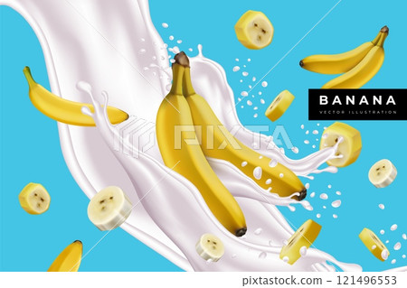Banana in splash milk. 3D yogurt, cream, creamy flow. Realistic fruit natural food on white liquid background. Design of ad for tropical drink. Product presentation advertising. Vector summer banner Banana in splash milk. 3D yogurt, cream, creamy flow. Realistic fruit natural food on white liquid background. Design of ad for tropical drink. Product presentation advertising. Vector summer banner 121496553