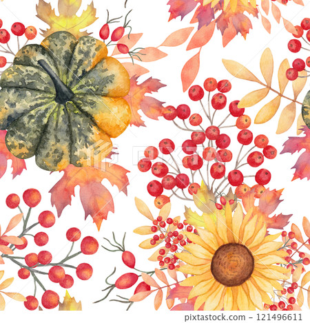 Pumpkin with maple leaves, rowan berries and sunflower. Seamless autumn pattern. Botanical watercolor illustration. Hand drawn isolated background. For seasonal holidays Halloween, Thanksgiving 121496611