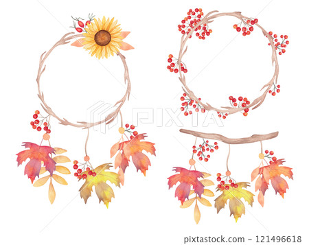 Wooden objects with rowan berries and maple leaves, sunflower flower, rose hips. Botanical watercolor illustration. Hand drawn isolated art. Autumn compositions for holidays Thanksgiving, Halloween Wooden objects with rowan berries and maple leaves, sunflower flower, rose hips. Botanical watercolor illustration. Hand drawn isolated art. Autumn compositions for holidays Thanksgiving, Halloween 121496618