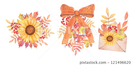 Composition with bow, envelope and sunflower flower. Rose hips with rowan and maple leaves. Botanical watercolor illustration. Hand drawn isolated art. Autumn bouquet for holidays Thanksgiving 121496620