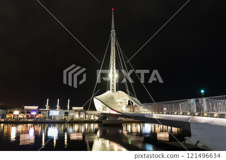 Night view of the beautiful Dagang Bridge (Great Harbor Bridge) connecting Pier-2 Art Center and Peng-lai Commercial Harbor in Kaohsiung, Taiwan. 121496634