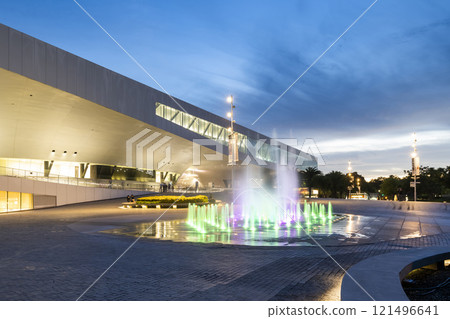 beautiful fountain light show at the National Kaohsiung Center for the Arts (Weiwuying) in Taiwan. 121496641