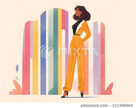 彩色條紋背景女性的全身插圖 121496664