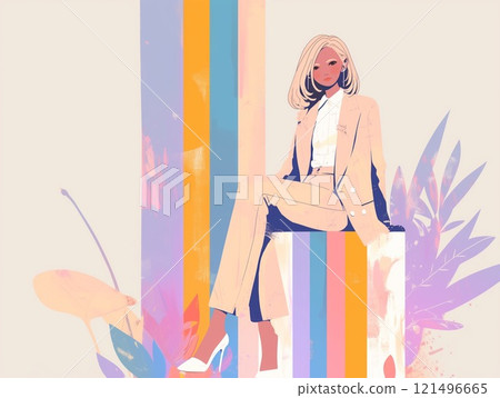 帶有柔和條紋背景的坐著的女人的全身插圖 帶有柔和條紋背景的坐著的女人的全身插圖 121496665