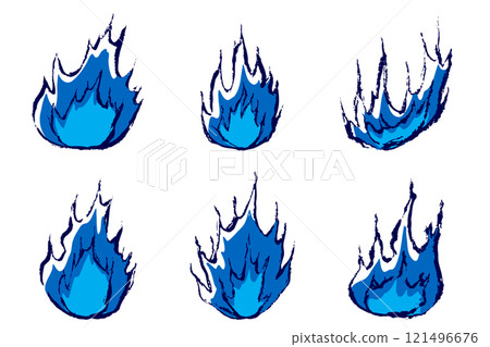 A set of hand-drawn blue flame illustrations 121496676