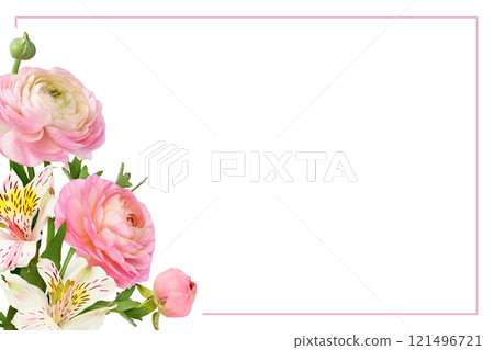Pink ranunculus and alstroemeria flowers in a corner  floral arrangement with frame isolated on white 121496721