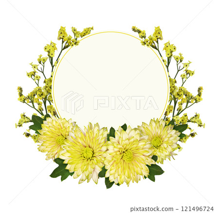 Yellow limonium flowers and chrysanthemums  in a floral arrangement and empty card for text isolated on white 121496724