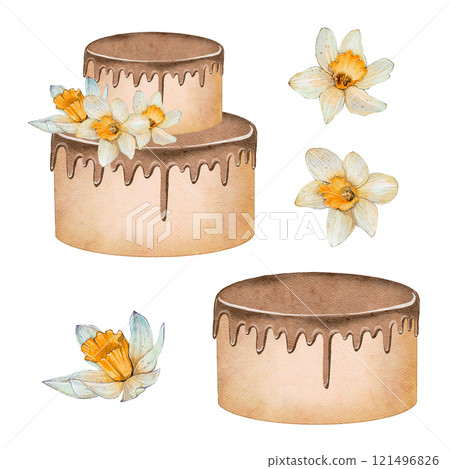 Set of Double Deck Cake with Chocolate Icing in Watercolor Set of Double Deck Cake with Chocolate Icing in Watercolor 121496826