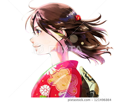 側邊長袖和服女插畫單人（素顏）無季節無背景 121496864
